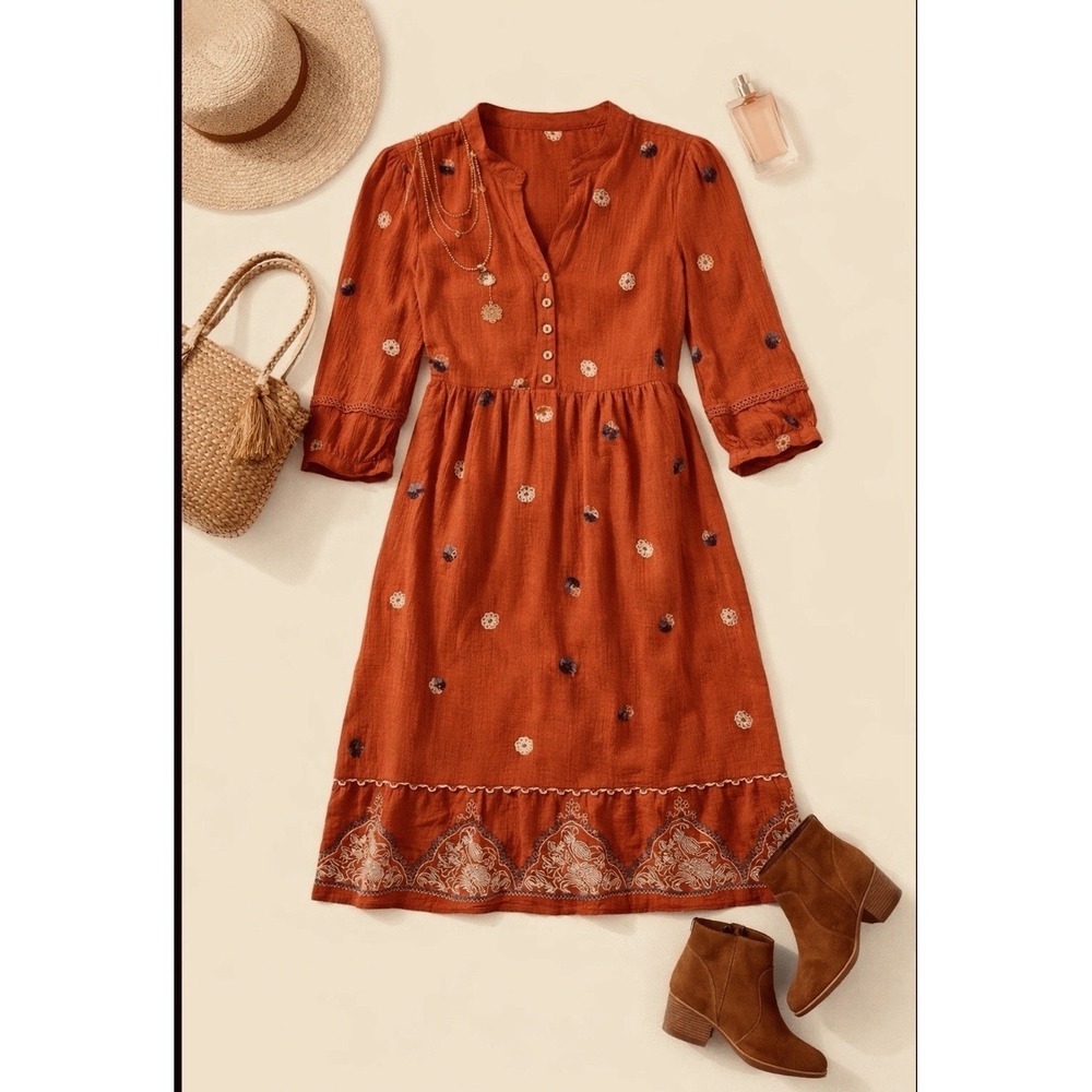 Anthropologie Figueroa & Flower Dress S Boho Embroidered Pumpkin Peasant Midi